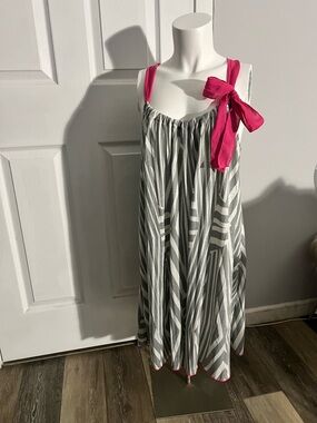 Anne Klein Gray and Hot Pink Striped A-Line Halter Dress